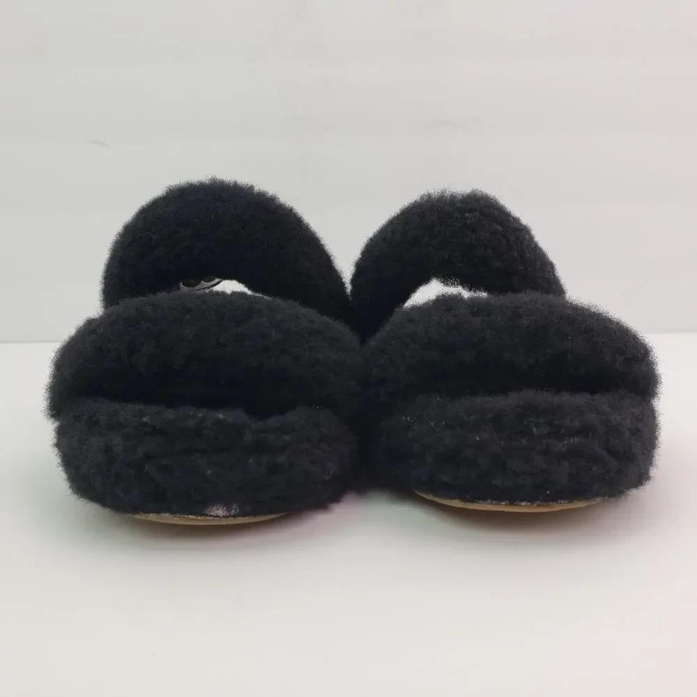 UGG Oh Yeah Girls Size 1Y Black Slip On Fluffy Soft Slipper Sandals 1115752K